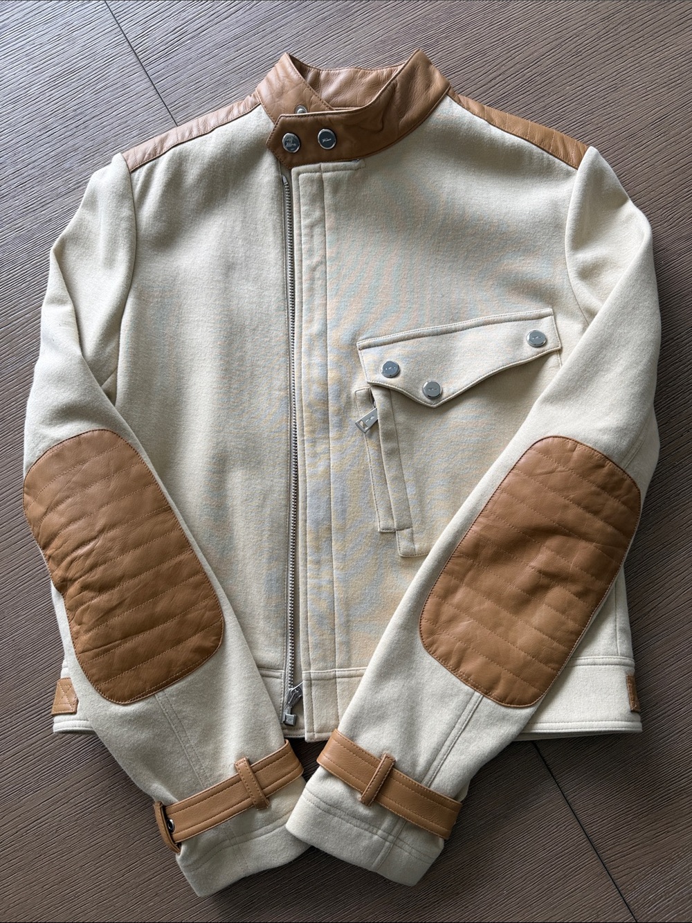 Ralph Lauren Cream Bomber Jacket with Tan Leather Trim